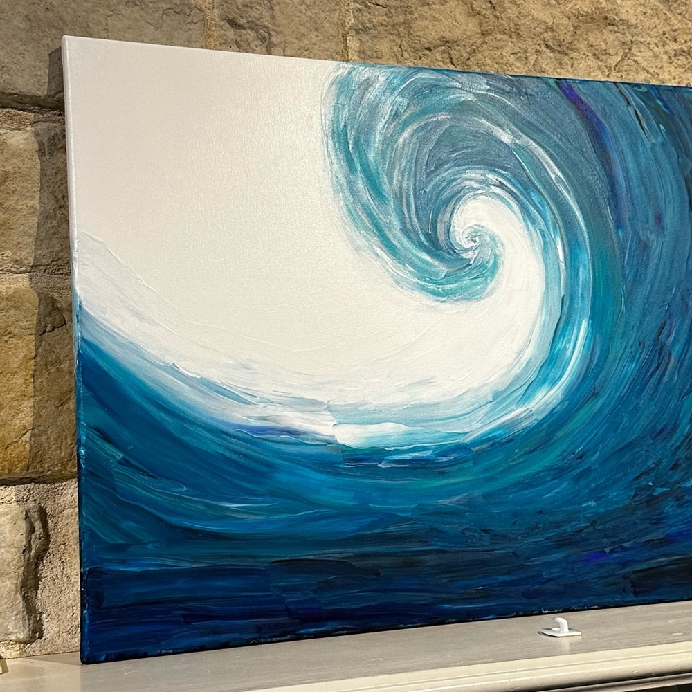 18x24 Hand painted acrylic art painting ocean beach wave in shades of blue - Picture 4 of 8